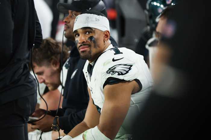 Philadelphia Eagles quarterback Jalen Hurts (1) reacts during the second half of a 2024 NFC wild card game against the Tampa Bay Buccaneers at Raymond James Stadium. Mandatory Credit: Kim Klement Neitzel-USA TODAY Sports